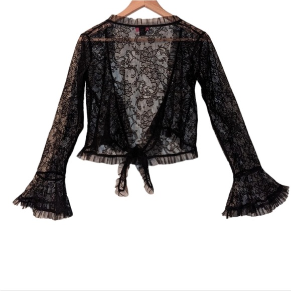 Betsey Johnson Black Lace Bell Sleeve Tulle Front Tie Waist Crop Blouse - Picture 11 of 16